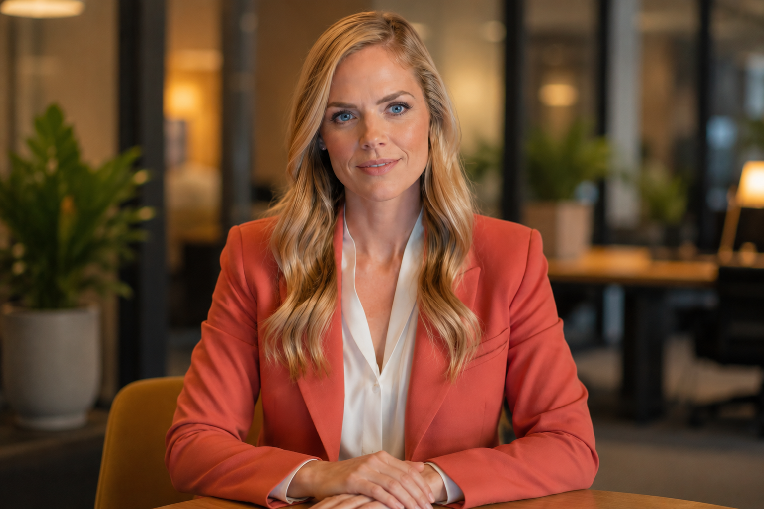 Aria, the AI HR interviewer, portrayed as a professional woman in an office